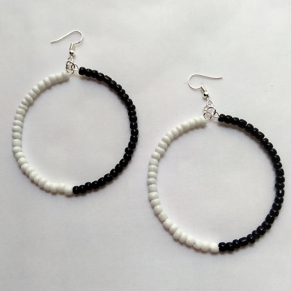 Black & White Hoop Earrings Half and half design Boho Hippie Lightweight